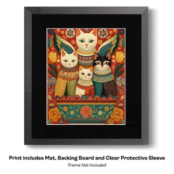 Folk Art Angel Cats and Hearts Art Print - 8"x10" Artwork for 11"x14" Frame