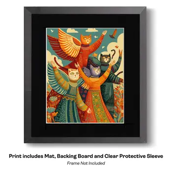 Folk Art Angel Cats and Hearts Art Print - 8"x10" Artwork for 11"x14" Frame