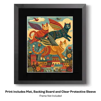 Folk Art Angel Cats and Hearts Art Print - 8"x10" Artwork for 11"x14" Frame