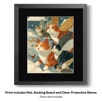 Folk Art Angel Cats and Hearts Art Print - 8"x10" Artwork for 11"x14" Frame