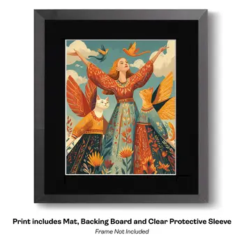 Folk Art Angel Cats and Hearts Art Print - 8"x10" Artwork for 11"x14" Frame