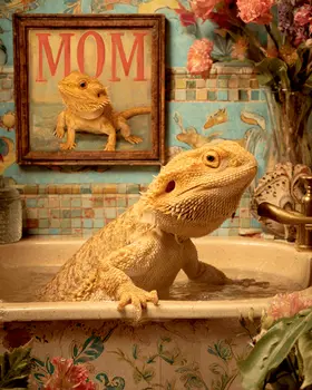 Bearded Dragon Lizard in a Bathtub Bathroom Art Print - 8"x10" Artwork for 11"x14" Frame