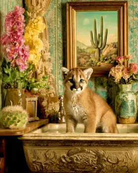 Mountain Lion Cub in a Bathtub Bathroom Art Print - 8"x10" Artwork for 11"x14" Frame