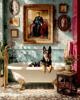German Shepherd in a Bathtub Bathroom Art Print - 8"x10" Artwork for 11"x14" Frame