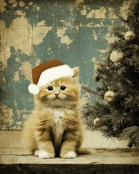 Kitten in Santa Hat Christmas Art Print - 8"x10" Artwork