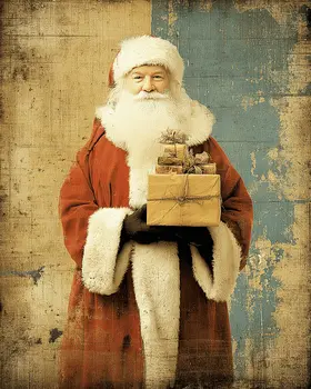 Vintage Santa Claus with Present Christmas Art Print - 8"x10" Artwork