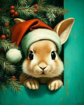 Bunny Rabbit in Santa Hat Christmas Art Print - 8"x10" Artwork