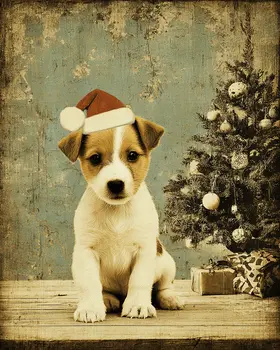 Puppy in Santa Hat Christmas Art Print - 8"x10" Artwork