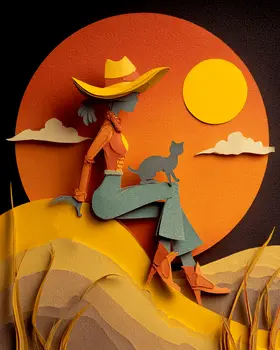 Full Moon Cowgirl & Cat - Cut Paper Art Print - 8"x10" Artwork for 11"x14" Frame