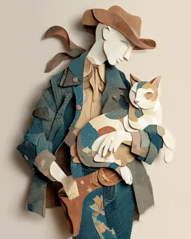 Cowboy & His Cat - Cut Paper Art Print - 8"x10" Artwork for 11"x14" Frame