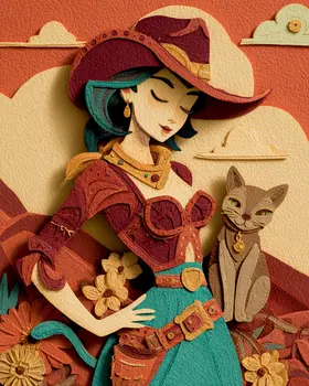 Cowgirl & Her Cat - Cut Paper Art Print - 8"x10" Artwork for 11"x14" Frame