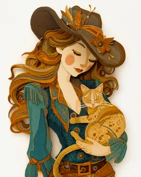 Dallas Cowgirl with Her Cat - Cut Paper Art Print - 8"x10" Artwork for 11"x14" Frame