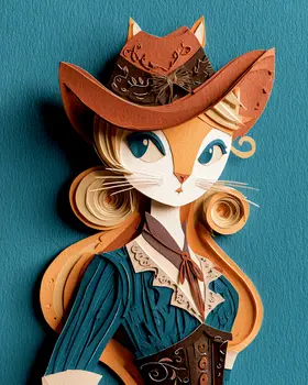 Shy Cowgirl Cat - Cut Paper Art Print - 8"x10" Artwork for 11"x14" Frame
