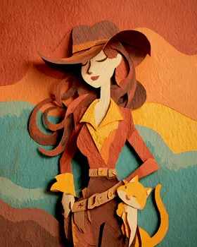 Cowgirl Sally & Her Cat - Cut Paper Art Print - 8"x10" Artwork for 11"x14" Frame