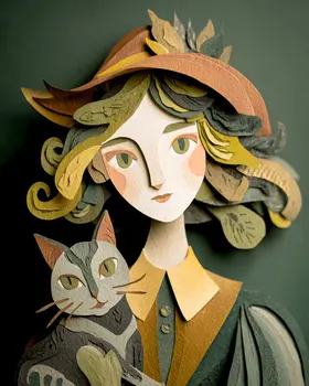 Meredith & Her Cat - Cut Paper Art Print - 8"x10" Artwork for 11"x14" Frame