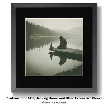 Bigfoot Having Heart-To-Heart With Boy on Dock Art Print - 8"x10" Artwork for 11"x14" Frame