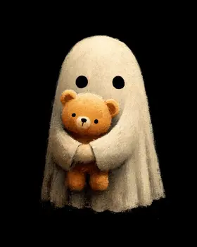 Ghost with Teddy Bear Halloween Art Print - 8"x10" Artwork for 11"x14" Frame
