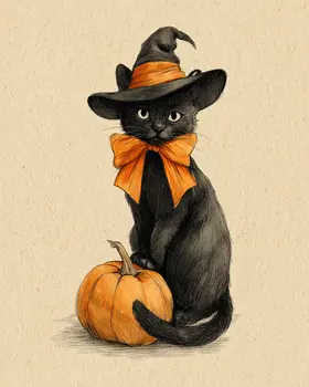 Black Cat Witch & Pumpkin Still-Life Halloween Art Print - 8"x10" Artwork for 11"x14" Frame