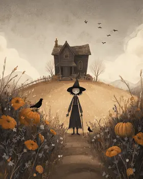 Folk Art Witch in Front of Her House Dark Academia Art Print - 8"x10" Artwork for 11"x14" Frame