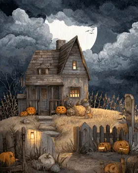 Folk Art House on Hallows Eve Dark Academia Art Print - 8"x10" Artwork for 11"x14" Frame