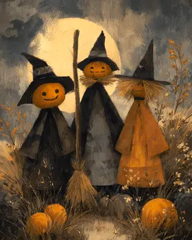 Three Pumpkinhead Scarecrows Dark Academia Art Print - 8"x10" Artwork for 11"x14" Frame