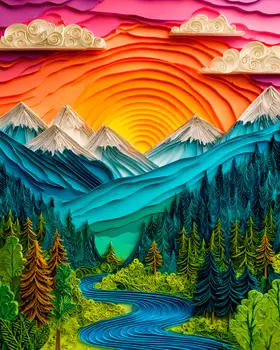 Layered Paper Style Mountain Sunrise Nature Art Print - 8"x10" Artwork for 11"x14" Frame