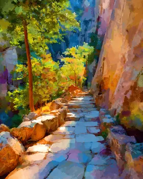Watercolor Woodland Path Mountains Nature Art Print - 8"x10" Artwork for 11"x14" Frame
