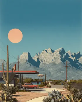 50's Style Superstition Mountains Desert Stop American Southwest Art - 8"x10" Artwork for 11"x14" Frame