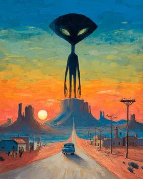 Leaving Roswell with Alien Watching American Southwest Art - 8"x10" Artwork for 11"x14" Frame
