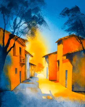 Back Road on Bright Morning in Taos American Southwest Art - 8"x10" Artwork for 11"x14" Frame