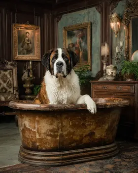 Bernie in Rustic Bath - Saint Bernard Bathroom Art Print - 8"x10" Artwork for 11"x14" Frame