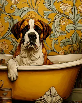 Bath-Time for Zeb - Saint Bernard Bathroom Art Print - 8"x10" Artwork for 11"x14" Frame
