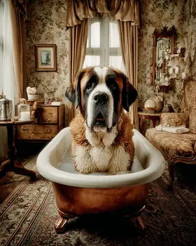 Bath-Time for Bernie - Saint Bernard Bathroom Art Print - 8"x10" Artwork for 11"x14" Frame