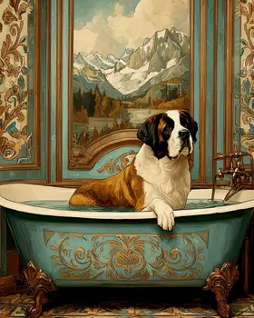 Ol' Summit Gets a Bath - Saint Bernard Bathroom Art Print - 8"x10" Artwork for 11"x14" Frame