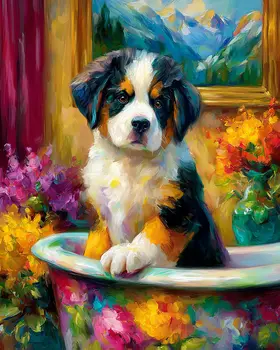 Bernie Puppy Gets a Bath - Saint Bernard Bathroom Art Print - 8"x10" Artwork for 11"x14" Frame
