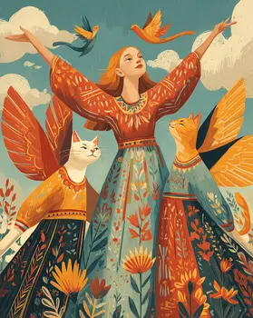 Folk Art All Hail the Angel Cats Art Print - 8"x10" Artwork for 11"x14" Frame