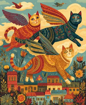 Folk Art Angel Cats Over City  Art Print - 8"x10" Artwork for 11"x14" Frame
