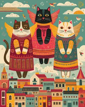 Folk Art Cats Rising to the Heavens Art Print - 8"x10" Artwork for 11"x14" Frame