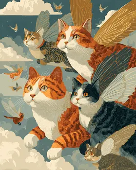 Herd of Flying Angel Cats Art Print - 8"x10" Artwork for 11"x14" Frame