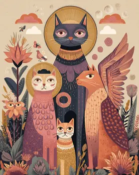 Folk Art Angel Cats and Hearts Art Print - 8"x10" Artwork for 11"x14" Frame