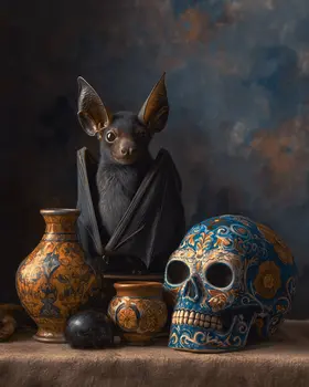 Calavera Bat & Skull Still-Life - Dark Academia Art Print - 8"x10" Artwork for 11"x14" Frame