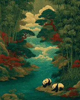 Stylized Panda Bears Wildlife Art Print - 8"x10" Artwork for 11"x14" Frame