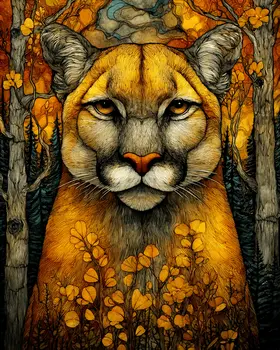 Stylized Mountain Lion Wildlife Art Print - 8"x10" Artwork for 11"x14" Frame