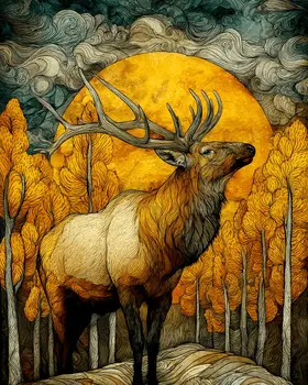 Stylized Bull Elk Wildlife Art Print - 8"x10" Artwork for 11"x14" Frame