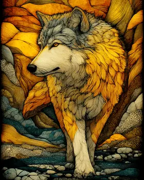 Stylized Walking Wolf Wildlife Art Print - 8"x10" Artwork for 11"x14" Frame