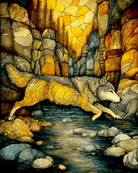 Stylized Jumping Wolf Wildlife Art Print - 8"x10" Artwork for 11"x14" Frame