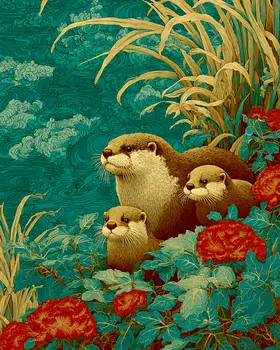 Stylized Otter & Kits Wildlife Art Print - 8"x10" Artwork for 11"x14" Frame