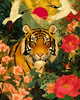 Tiger & Cranes Wildlife Art Print - 8"x10" Artwork for 11"x14" Frame