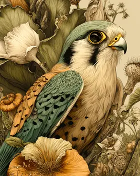 Vintage Kestral in Flora Wildlife Art Print - 8"x10" Artwork for 11"x14" Frame