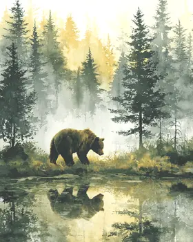 Bear in Misty Forest Wildlife Art Print - 8"x10" Artwork for 11"x14" Frame